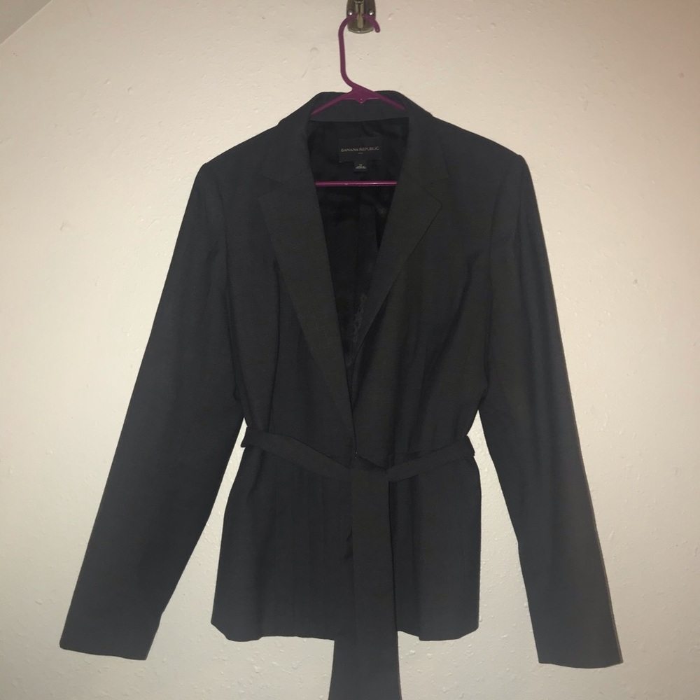 Gray Banana Republic wool blend belted blazer.